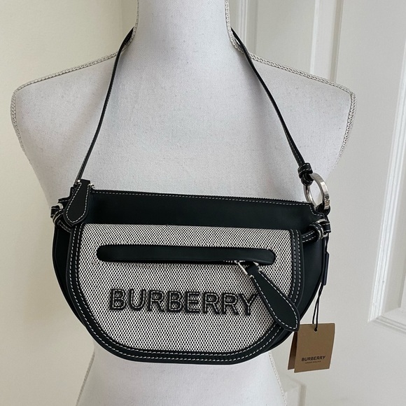 Burberry Mini Double Olympia Logo Appliqué Canvas & Black Leather Bag Dust Bag - Picture 5 of 16